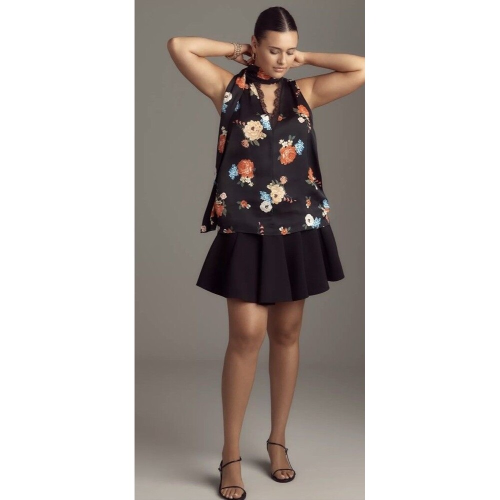 Anthropologie Black Floral Silky Halter Tank Lace Trim Sz XL Boho Romance NEW